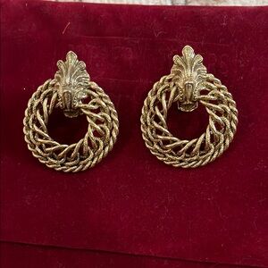 Gold Rope Design Hoop Earrings with Fleur-de-Lis